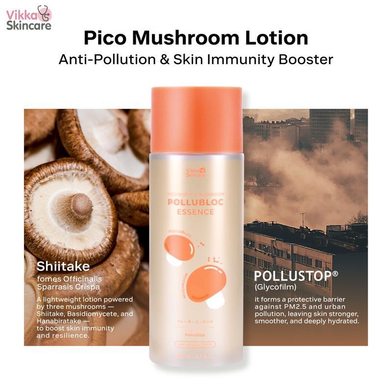 สูตรใหม่ VIKKASKINCARE Pico Biotic x Mushroom Pollubloc Essence 100 m  น้ำตบเห็ดต้านฝุ่น