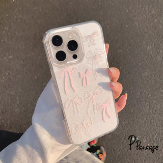 สำหรับ IPhone 13 17 16 Air 15 12 11 14 Pro Max XR X XS 7 8 14 15 6 Plus โรแมนติกสีชมพูโบว์ผูกปมผงซิลิโคนแวววาวฝาครอบใส