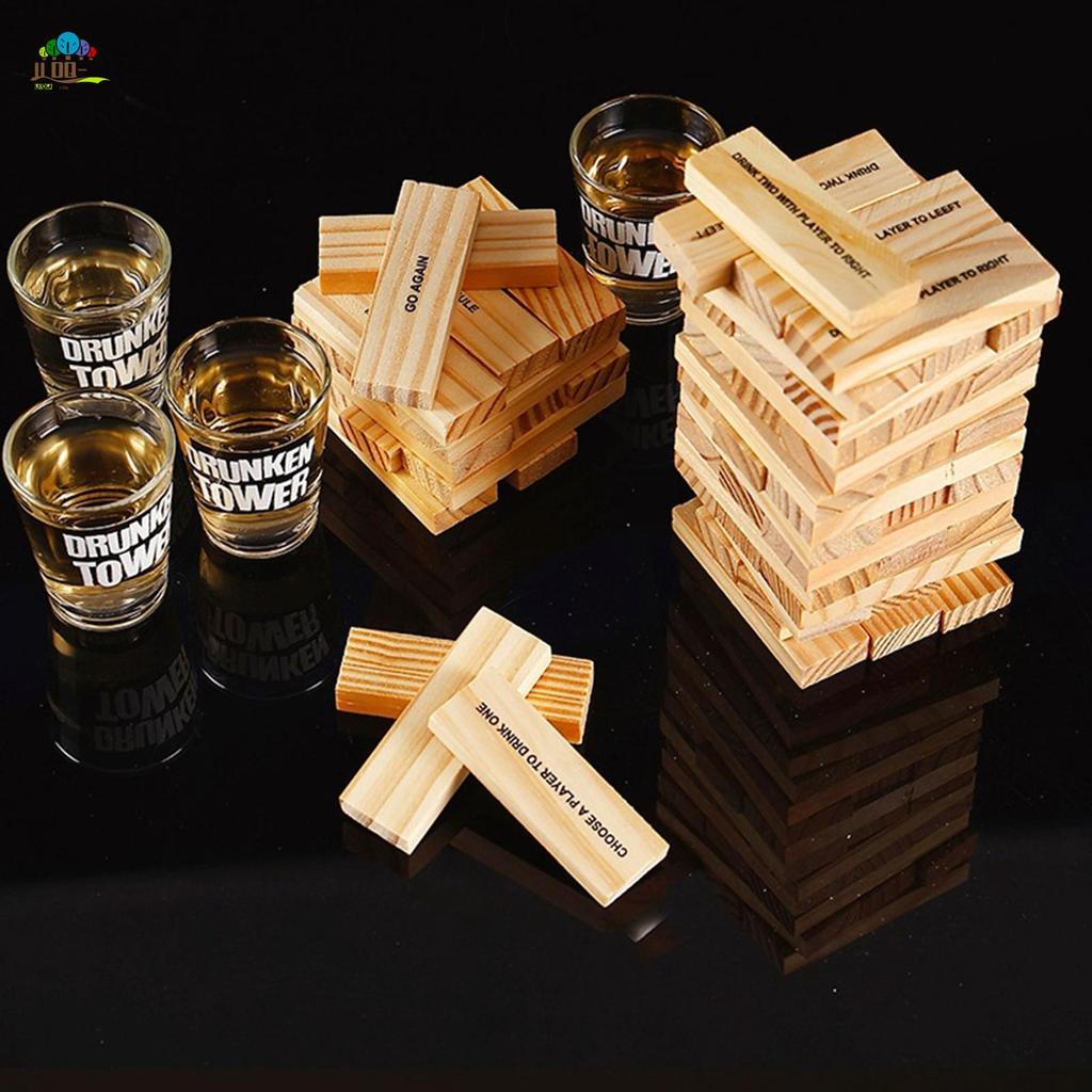 ชุดเกมดื่ม Jenga ไม้พร้อมบล็อกพิมพ์ 60 ชิ้นและถ้วยช็อต 4 ถ้วยสําหรับปาร์ตี้สนุกผู้ใหญ่สังคม Gatherin