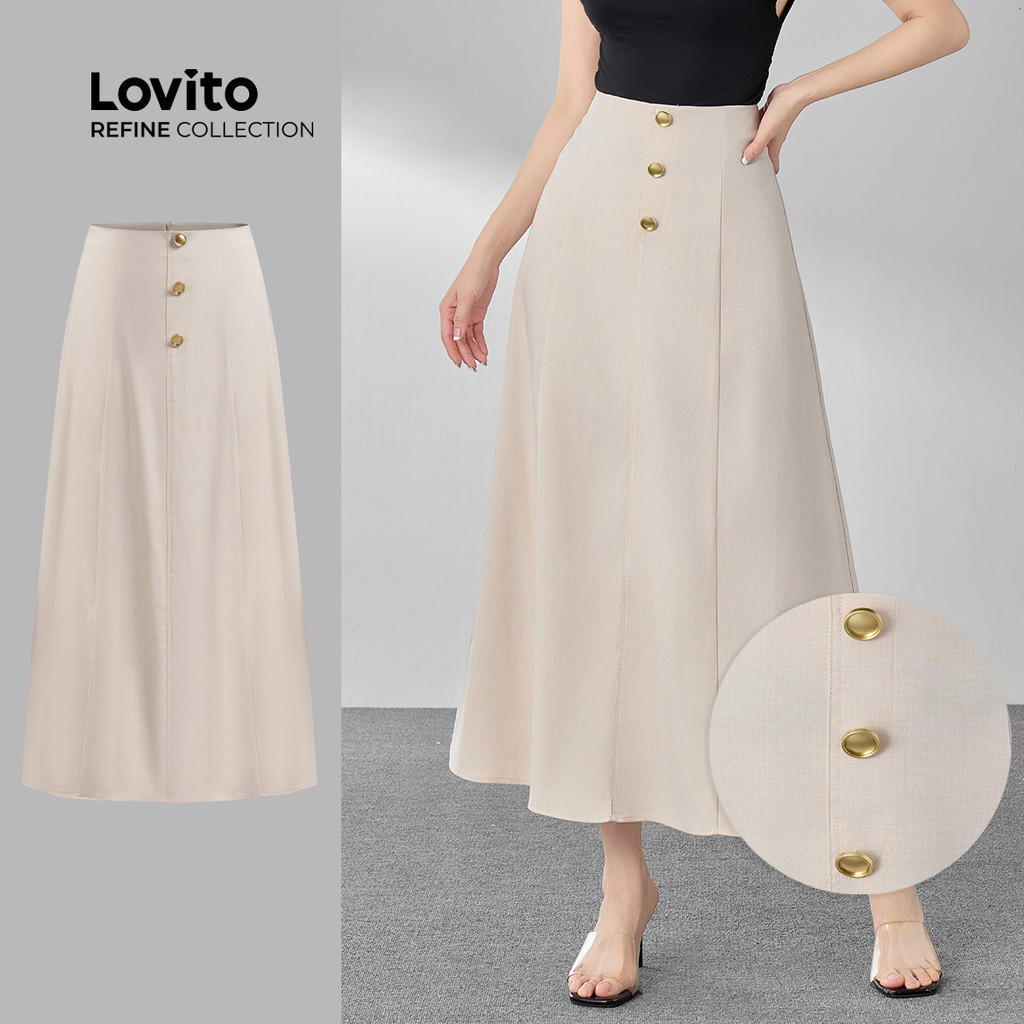 (Lovito Refine) กระโปรงปุ่มธรรมดาหรูหราสําหรับผู้หญิง LR7ED076