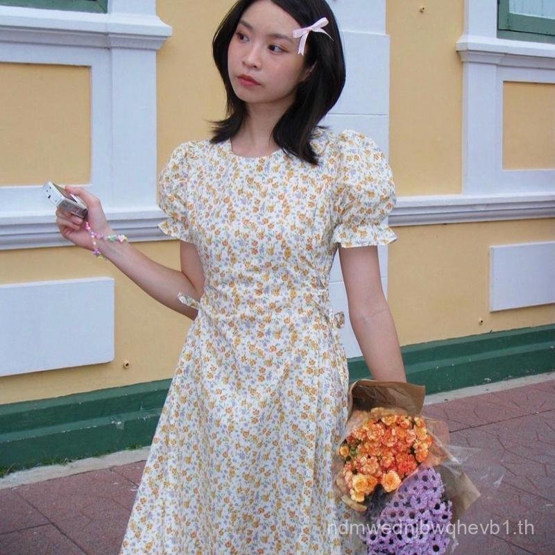 flora dress เดรสไปคาเฟ่ลายดอกไม้แถมริบบิ้นสุดน่ารัก Clothing Women ผู้หญิง เสื้อผ้า Lady
