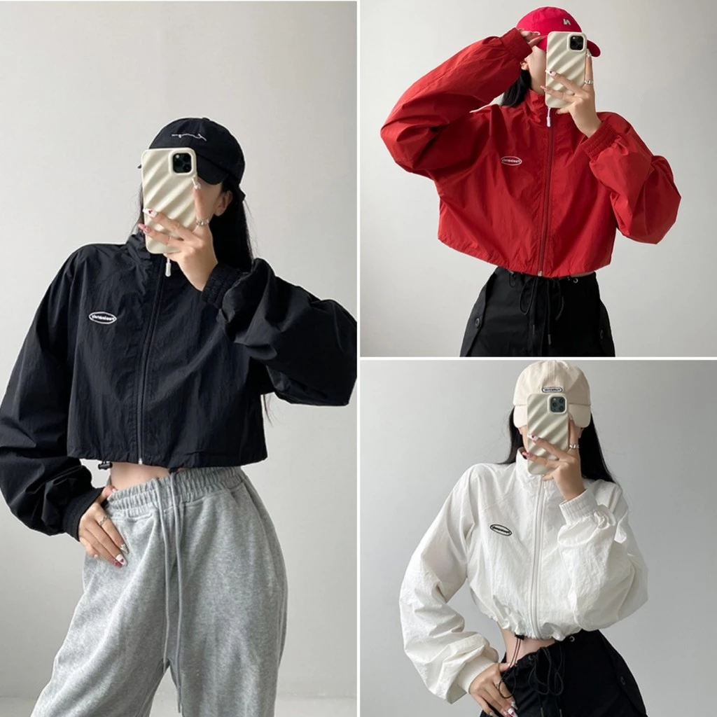 Bella shop แจ็คเก็ตวินเทจบางเบา เสื้อคลุมสั้นผู้หญิง แขนยาว ซิปรูดเป็นคอสูงได้ ดีไซน์ลายปัก