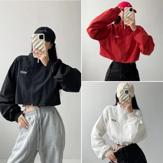 Bella shop แจ็คเก็ตวินเทจบางเบา เสื้อคลุมสั้นผู้หญิง แขนยาว ซิปรูดเป็นคอสูงได้ ดีไซน์ลายปัก