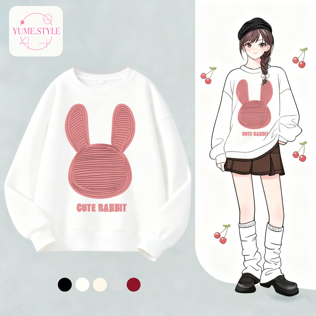 YUME เสื้อกันหนาวแขนยาว เสื้อยืดคอกลมพิมพ์ลาย ทรงหลวม แฟชั่นคลาสสิก สะดวกสบาย ลาย”CUTE RABBIT” ส่งเร็ว⚡COD