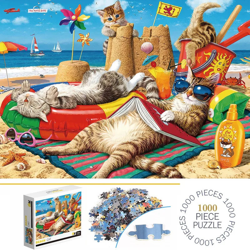 1000 Pieces Beach Cats Jigsaw Puzzles for Adults Home Decor Games Family Fun Floor Puzzles Education