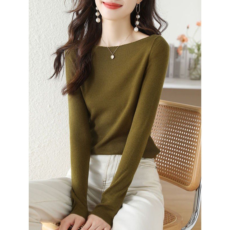 One-Line คอแขนยาวเสื้อยืดฤดูใบไม้ร่วงการออกแบบความรู้สึกภายในแฟชั่นเสื้อขนาดเล็กถักเสื้อ Bottoming 5