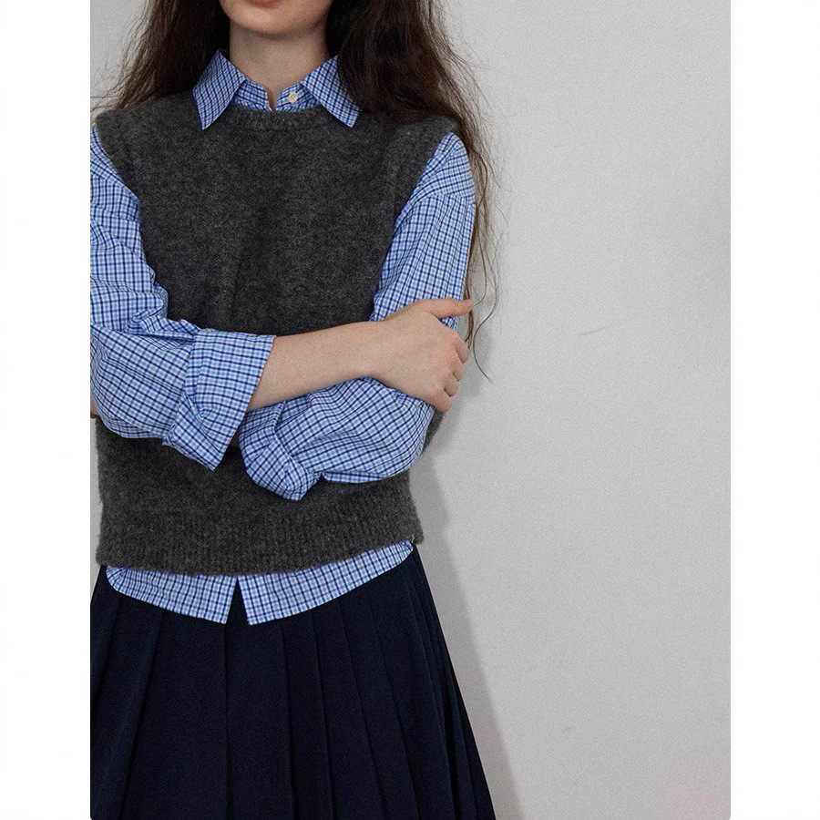 Lofi chiose {แม่แบบเลเยอร์} สไตล์ขี้เกียจรอบคอถักเสื้อกั๊กผู้หญิงฤดูใบไม้ผลิ Layered Soft Waxy Vest