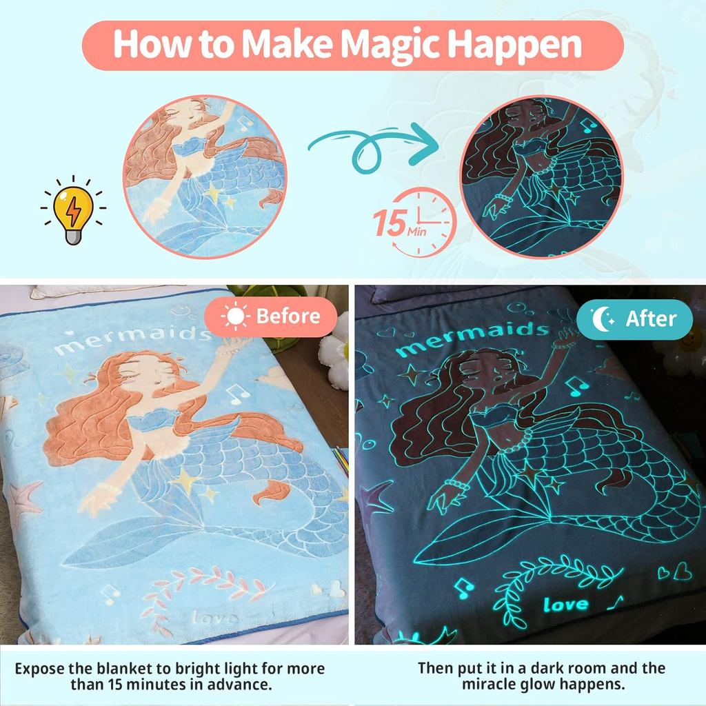 Glow in The Dark Mermaid Blanket Gifts for Girls,Super Soft Blanket 3 4 5 6 7 8 9 Year Old Girl Gift