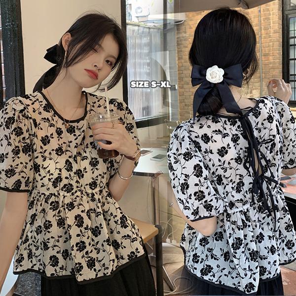 MIMI&DIDI#เสื้อแขนสั้นลายดอกไม้สไตล์เรโทรไซส์ใหญ่สำหรับผู้หญิง ผูกหลัง สไตล์เบบี้ดอลล์ หวานและน่ารัก#w682