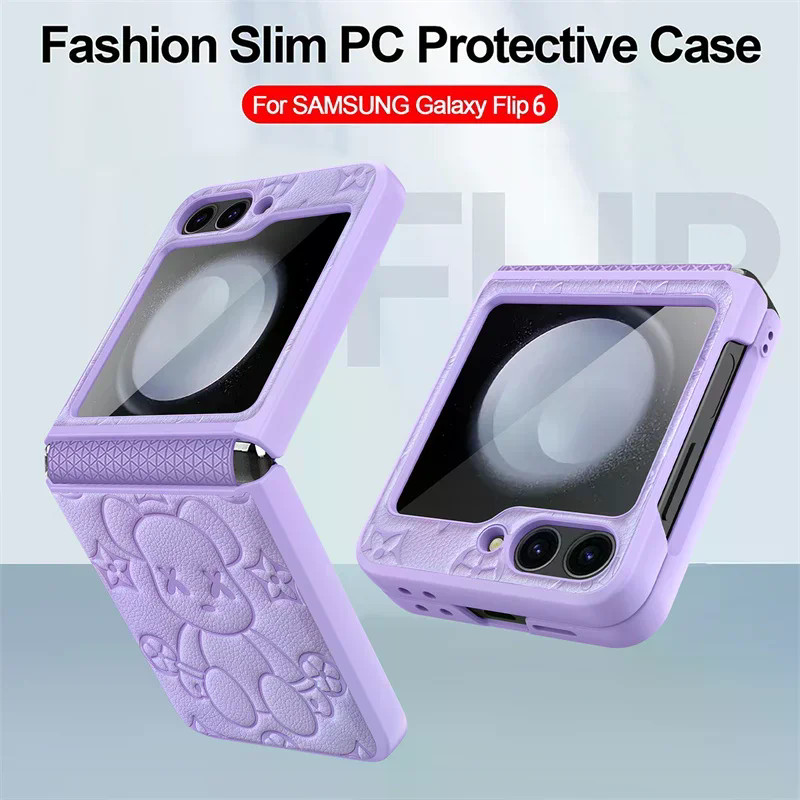 หรูหราน่ารักหมีหนังเคสโทรศัพท์สําหรับ Samsung Galaxy Z Flip 7 FE 6 5 4 3 5G บานพับแกนกลางหน้าจอ Flim