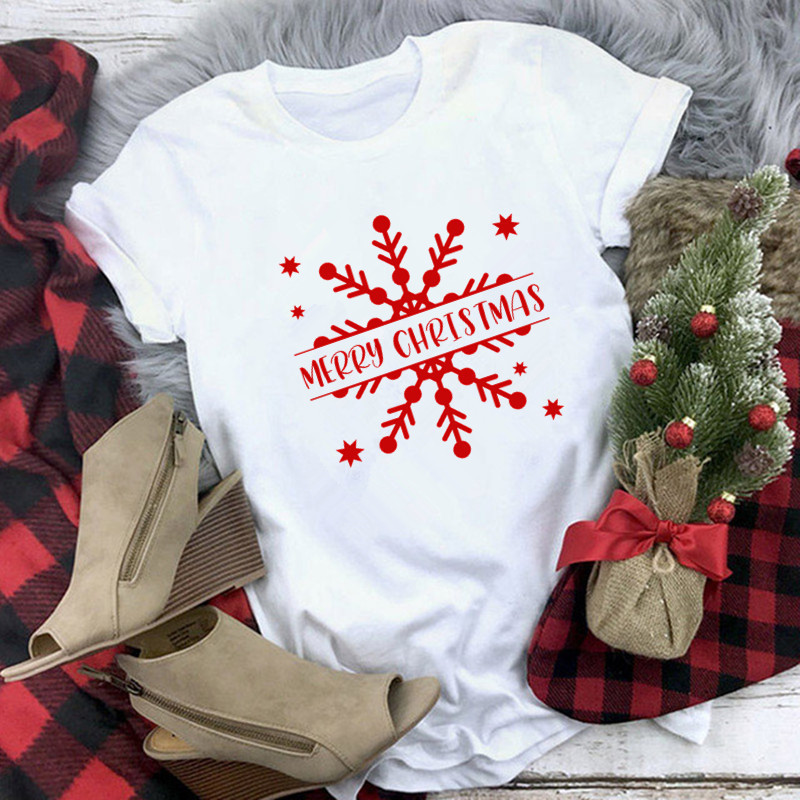 Fashion Red Snowflake Merry Christmas Printed Women's Clothes White Short Sleeve Soft Woman Tshirt T