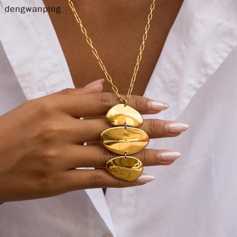 [DWP] ต่างหูจี้วงกลม 3 ชั้นไม่สม่ําเสมอสร้อยคอสีทองเรียบง่ายสแตนเลสโอ้อวดเครื่องประดับขนาดใหญ่中