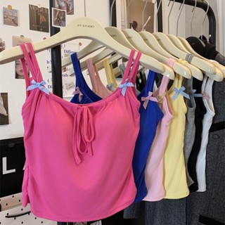 #479 เสื้อกล้ามสายคู่ ฟองน้ำในตัวสีพื้น โบว์น่ารัก ผูกโบว์ด้…