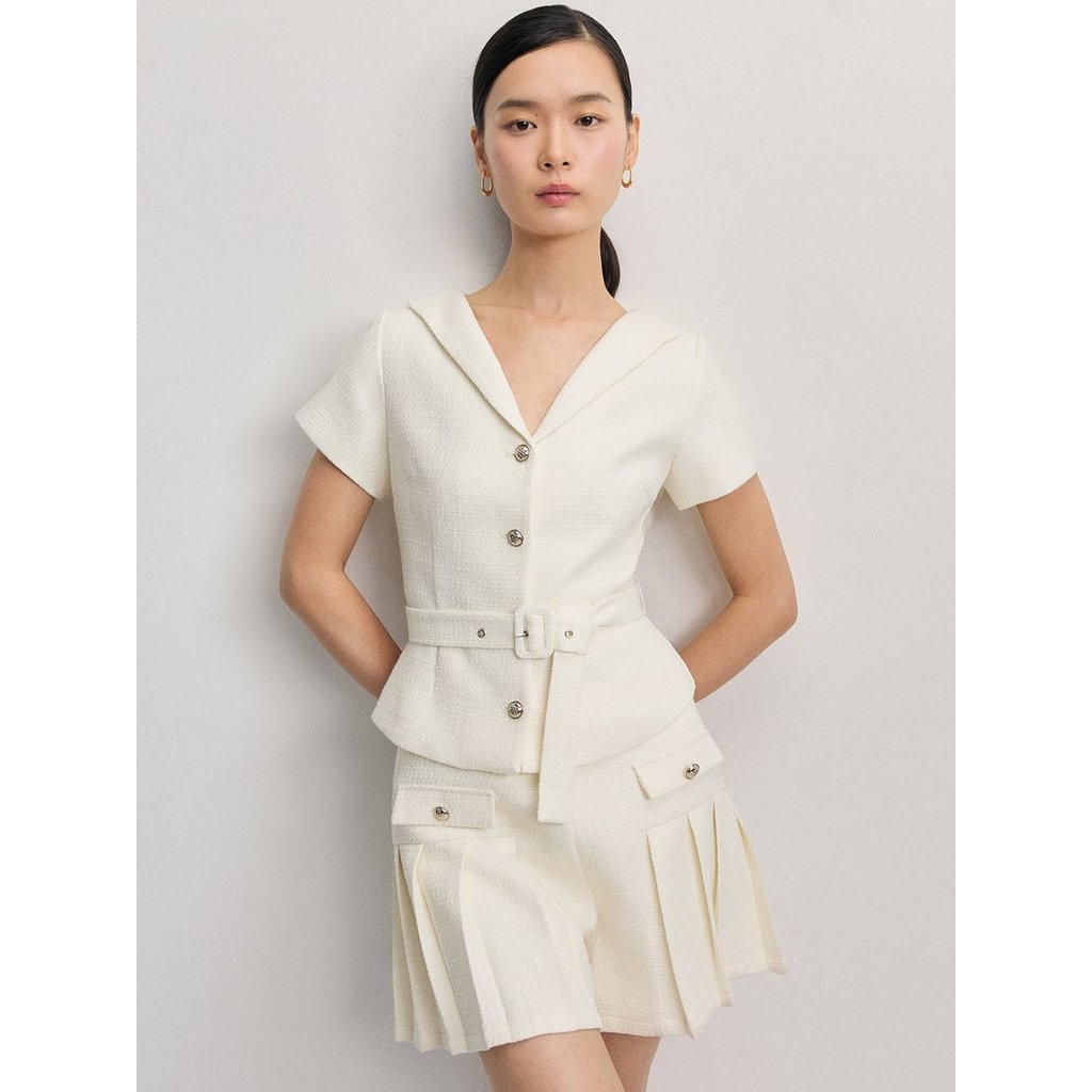 [Pomelo] เสื้อเบลซเซอร์แขนสั้นผ้าทวีตพร้อมเข็มขัด / Tweed Belted Shirt Sleeve Blazer - Off