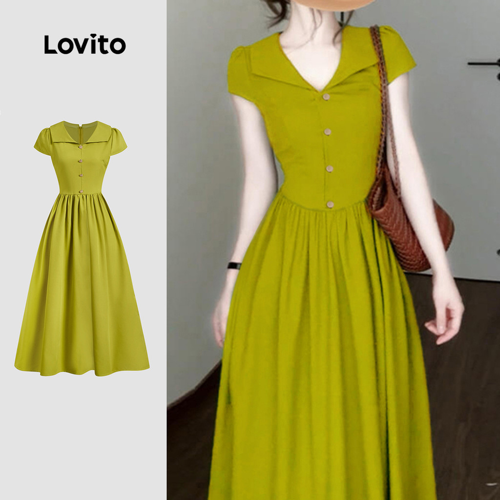 Lovito เสื้อผ้าลำลองแบบปุ่มด้านหน้า ลายจีบ โครงสร้างเส้น L138ED250