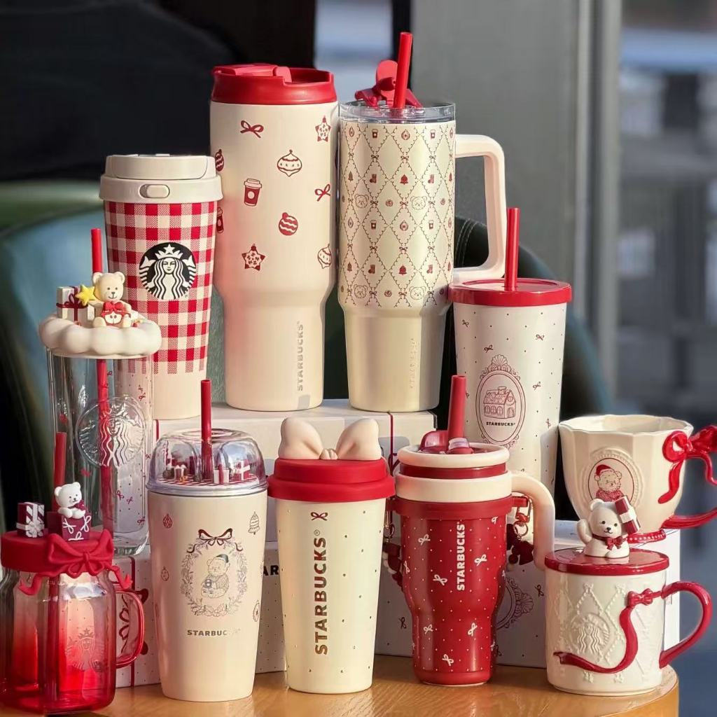 2025 Starbucks cup Heart series ถ้วยเซรามิกสามเหลี่ยม ถ้วยเก็บความร้อนสแตนเลส ของขวัญวันหยุด