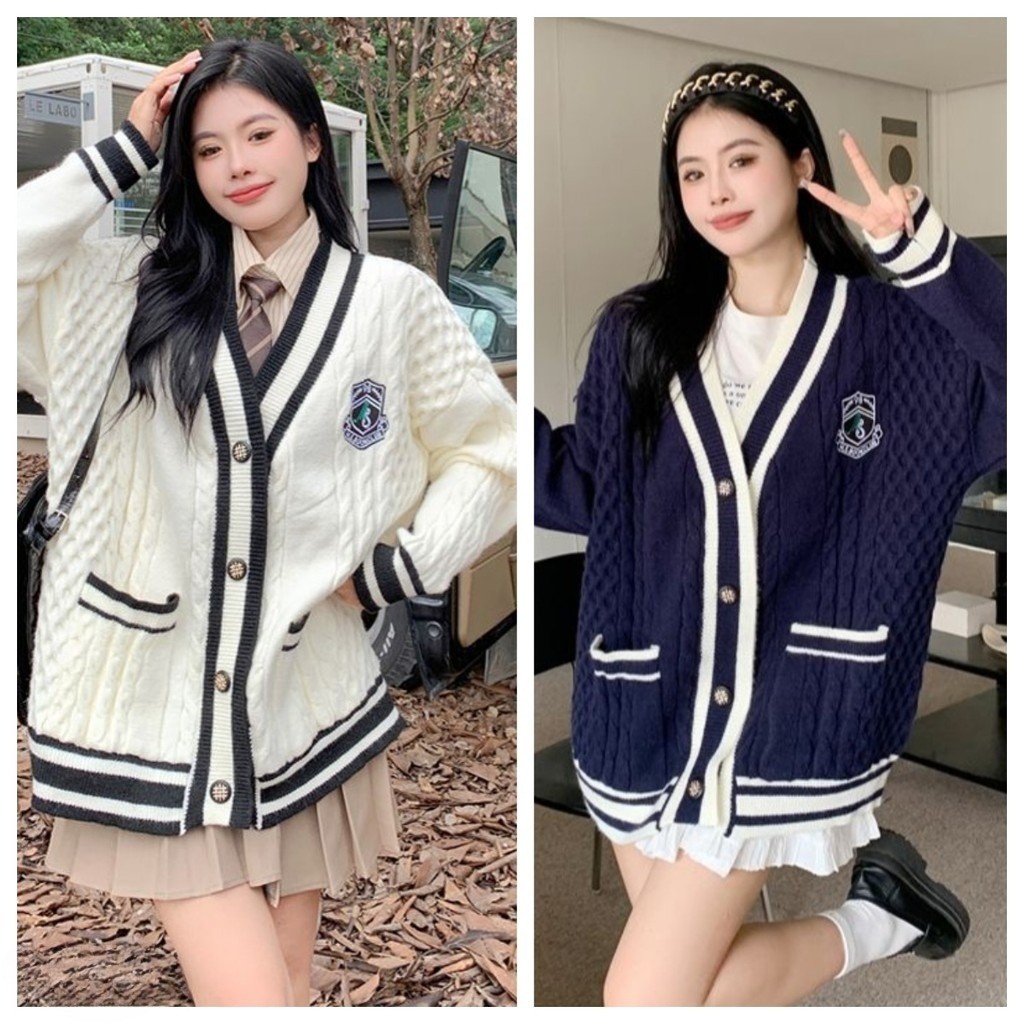 เสื้อคาร์ดิแกนคอวีทรงหลวมสบายสำหรับผู้หญิงสไตล์วิทยาลัยฤดูใบไม้ร่วง/ฤดูหนาวใหม่
