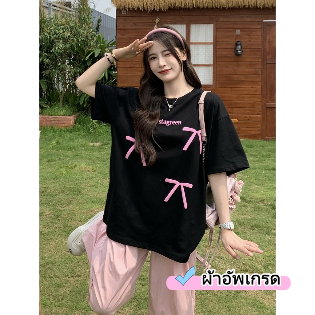 เสื้อยืดโอเวอร์ไซส์แขนสั้นสีขาว S-3XL เสื้อยืดสำหรับผู้หญิงพิมพ์ลายโบว์แฟชั่นลำลองและหลวม สไตล์เกาหลีอเนกประสงค์