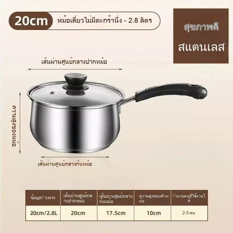 [ชุด 3 ชิ้น ขนาด 16+18+20 ซม.] หม้อสแตนเลสสำหรับต้มนม ทำซุป ต้มบะหมี่ และอาหารเสริม thumbnail 9
