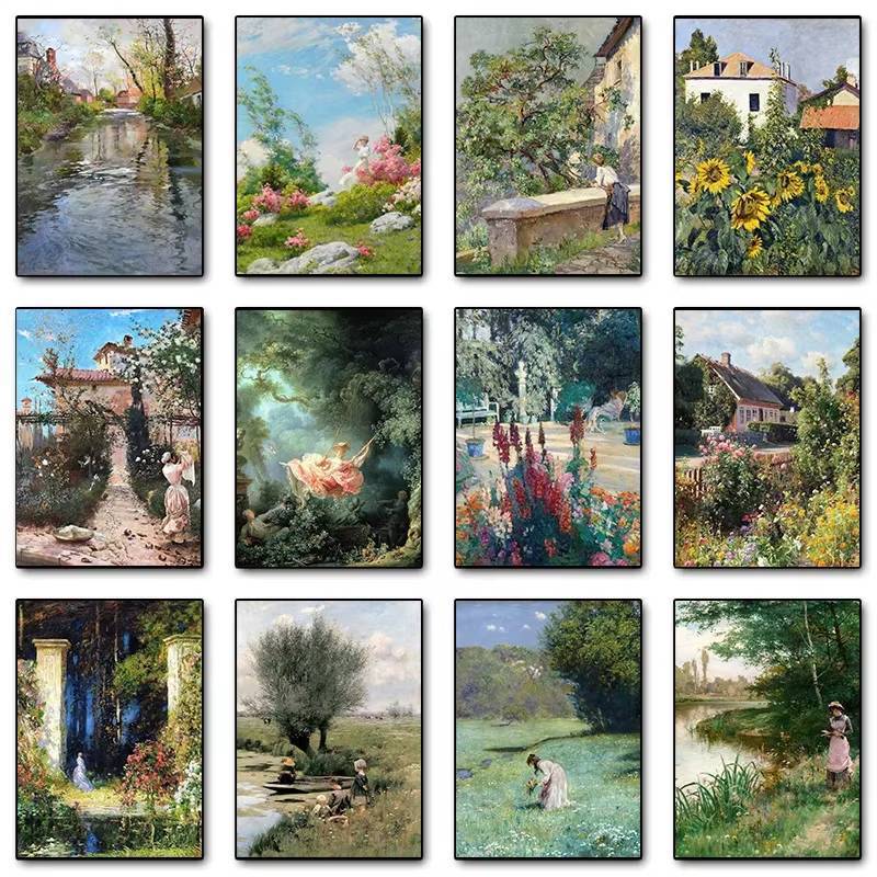 Vintage Landscape River ดอก Garden Forest Meadow โปสเตอร์พิมพ์ Wall Art ภาพผ้าใบภาพวาดห้องนั่งเล่นตกแต่งบ้าน