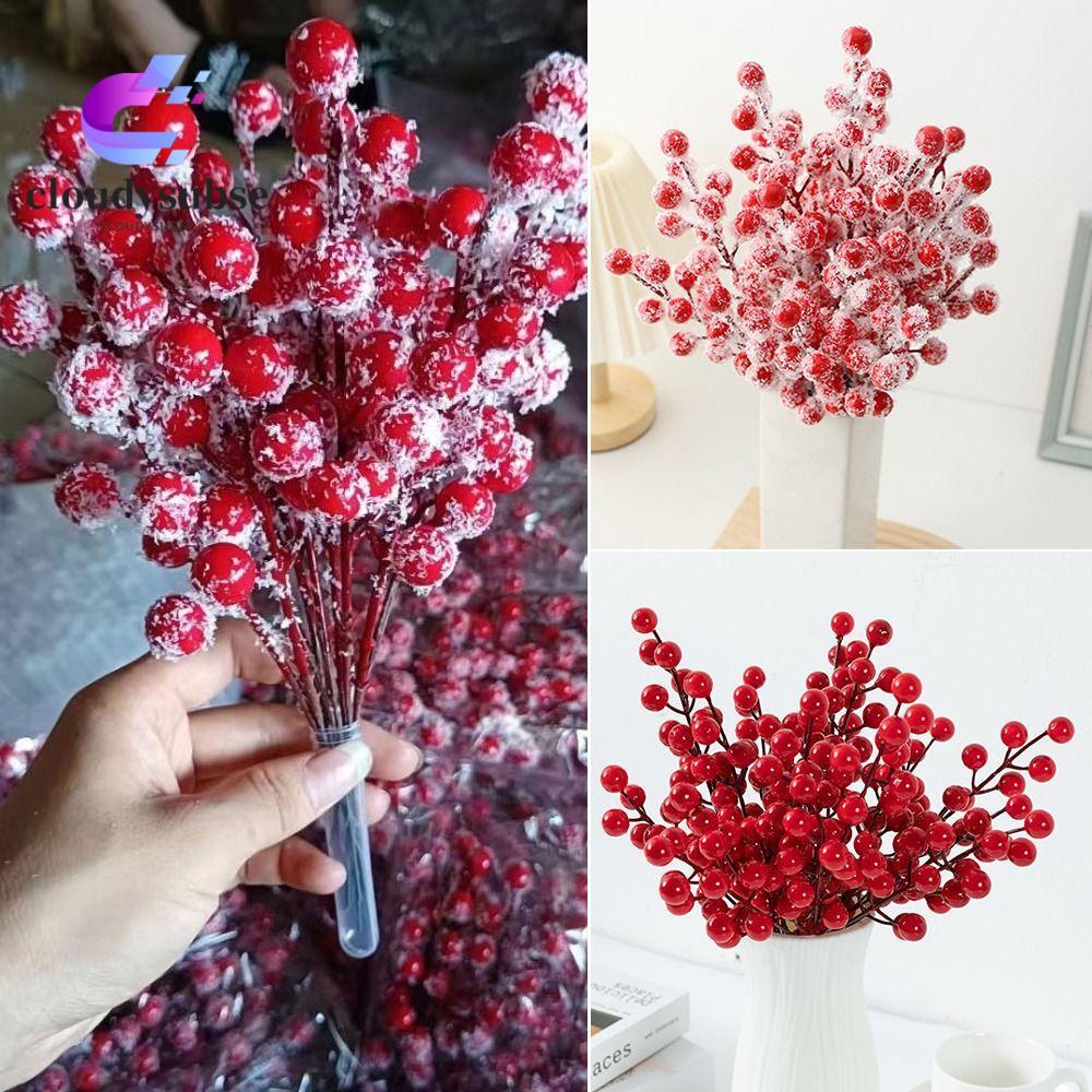 CLOUD 10PCS สาขา Berries สีแดงกับ Frost Christmas Berry สาขา, การจัดดอกไม้เครื่องประดับงานแต่งงาน DI