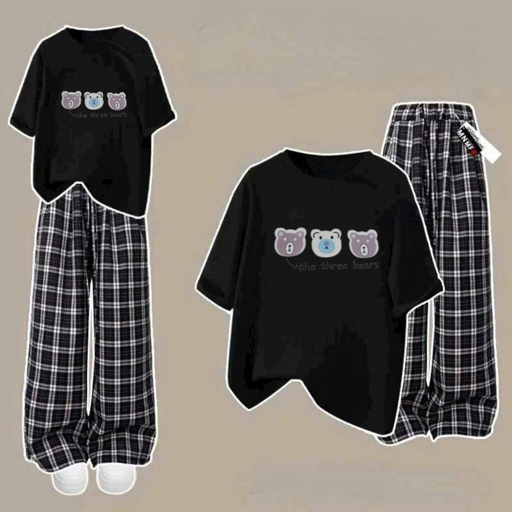 กางเกงลายตารางหมากรุกสีดําขนาดใหญ่ + เสื้อยืดเข้าชุด - 3 BEARS THE FREE BEARS