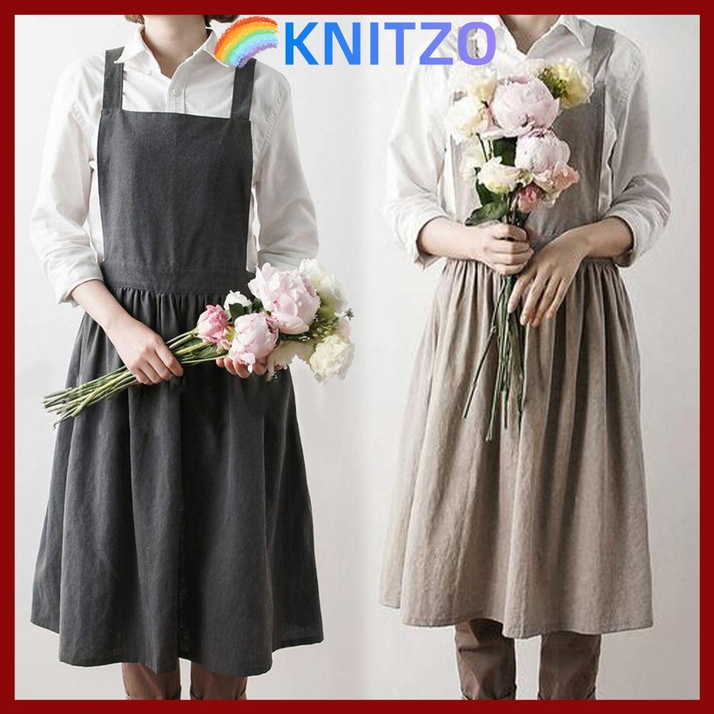 KNITZO ผ้ากันเปื้อนผ้าลินิน, ผ้ากันเปื้อน Nordic Florist สไตล์เกาหลี, ชุดทํางานผ้าฝ้าย