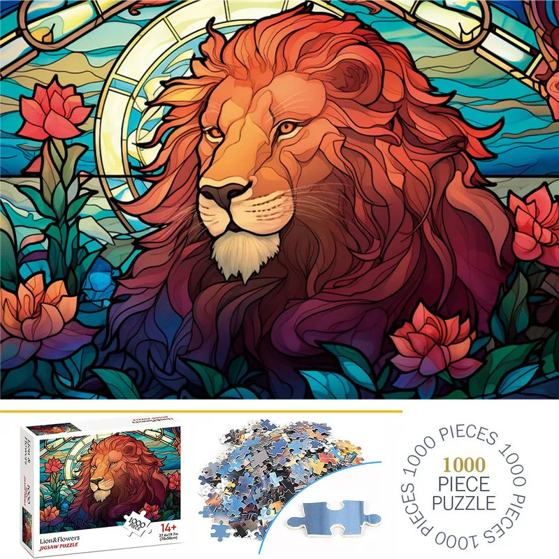1000 Pieces Lion & Flowers Jigsaw Puzzles for Adults Home Decor Games Family Fun Floor Puzzles Educa