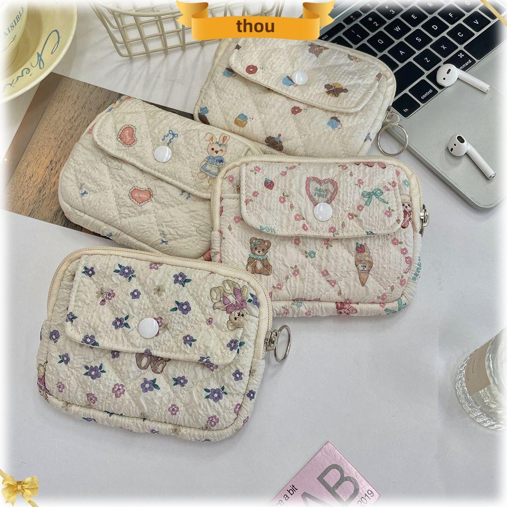 กระเป๋าใส่เหรียญและกุญแจ ดีไซน์ลายดอกไม้การ์ตูน มัลติฟังก์ชันสำหรับใส่บัตร