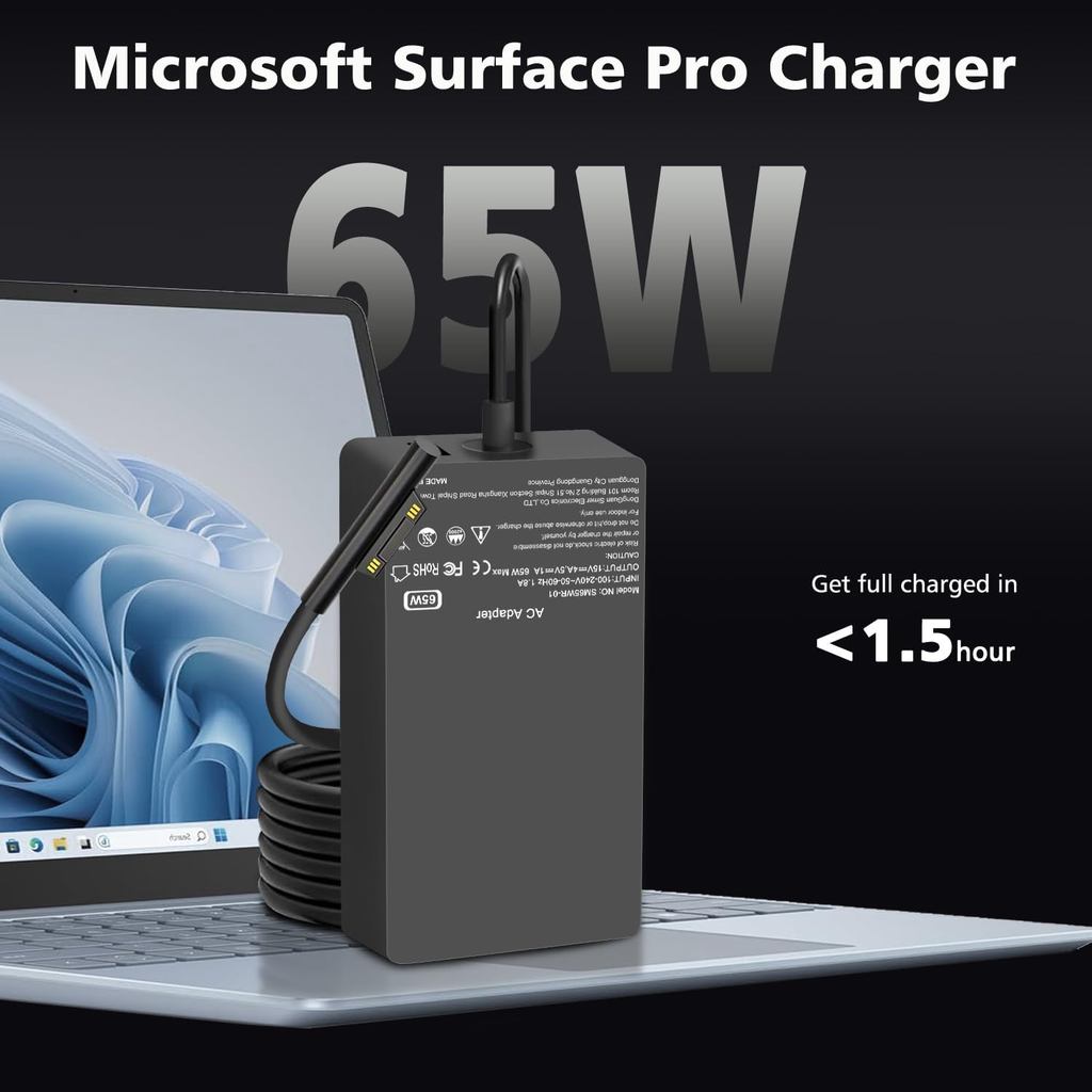 65W Surface Pro Laptop Charger Compatible with Microsoft Surface Pro 10, 9, 8, X, 7+, 7, 6, 5, 4, 3,