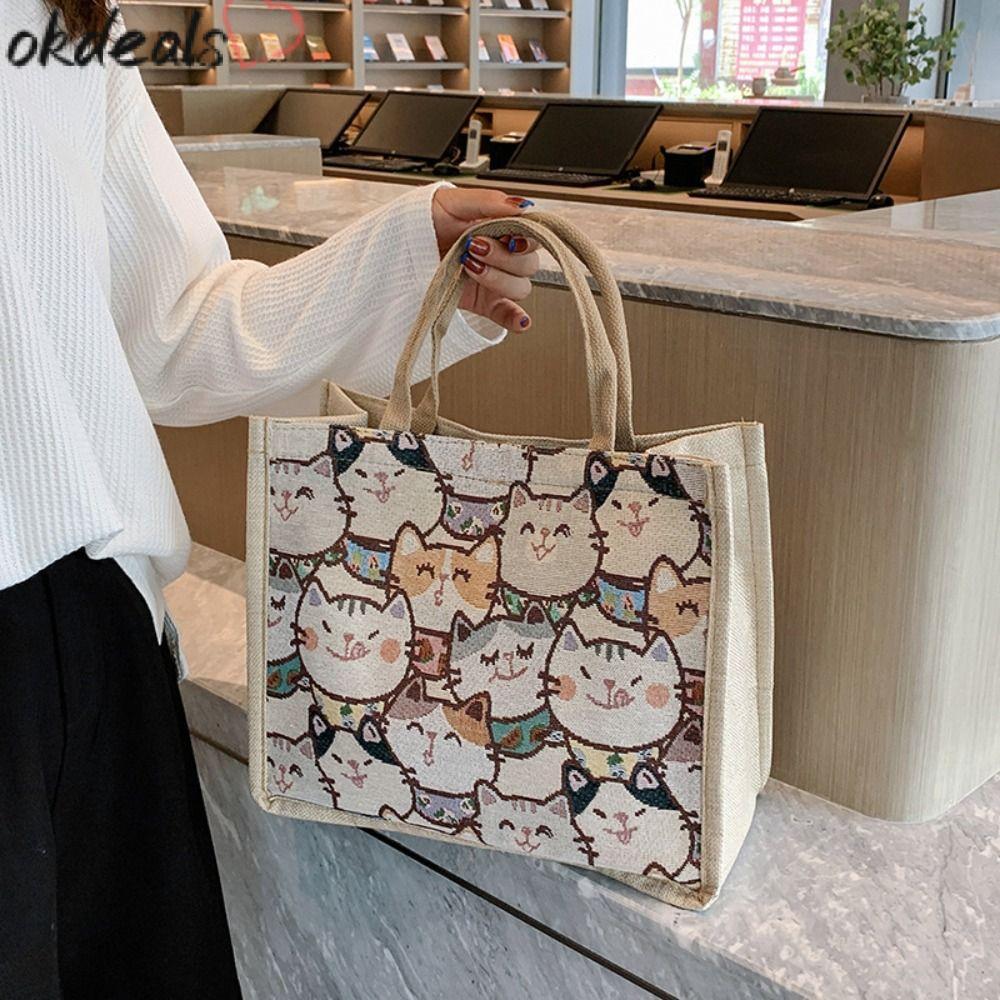 กระเป๋าถือและสะพายวินเทจจากผ้าแคนวาส ขนาดใหญ่สำหรับนักเรียน ออกแบบในสไตล์การ์ตูน