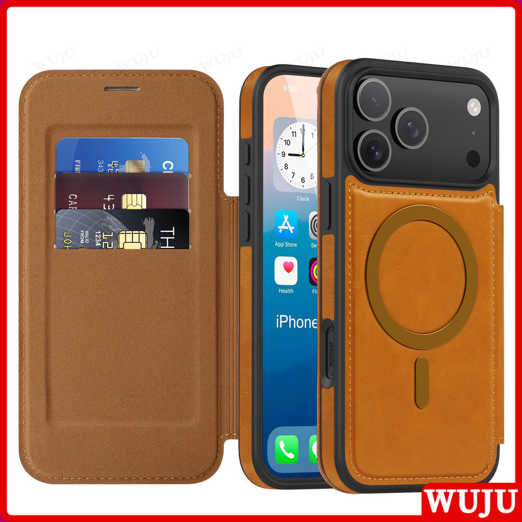 WUJU สําหรับ iPhone 17 16 15 14 13 12 11 Pro Max Air Case พร้อมที่ใส่การ์ด (Store 3 การ์ด) RFID Blocking, 360° เต็มร่างกายป้องกันกระเป๋าสตางค์แม่เหล็กหรูหราปกหนังกรณีสีน้ําตาล