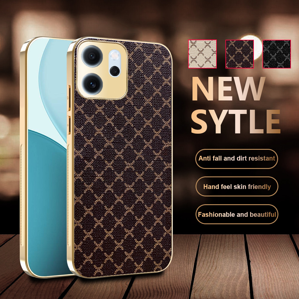 ปลอกสําหรับOppo Reno 14F Reno14 F Reno14F 5G CheckeredหนังหรูหราElectroplatedทองเคสโทรศัพท์กันกระแทก