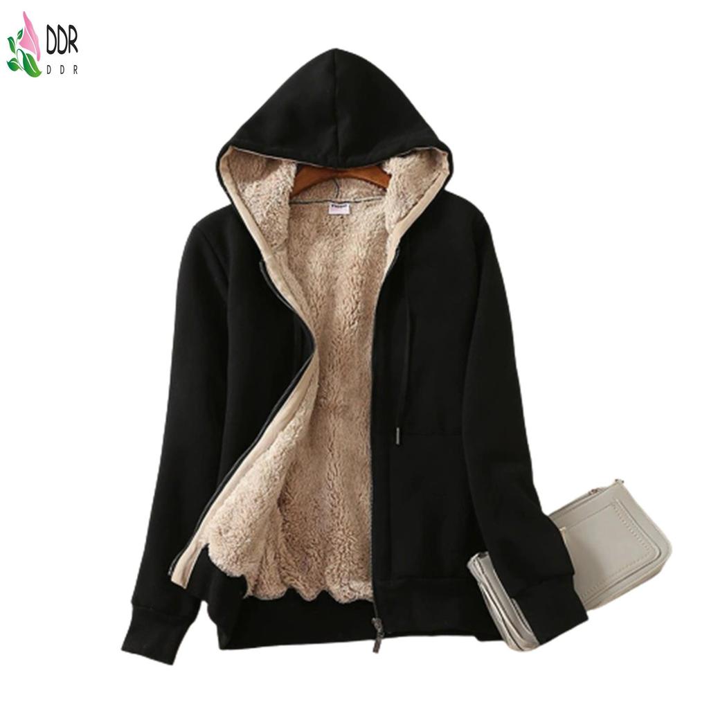 เสื้อแจ็คเก็ตหนากันหนาวสำหรับผู้หญิง พร้อมฮู้ดและซิปรอบคอ ดีไซน์มีกระเป๋าหน้าเปิดซิป