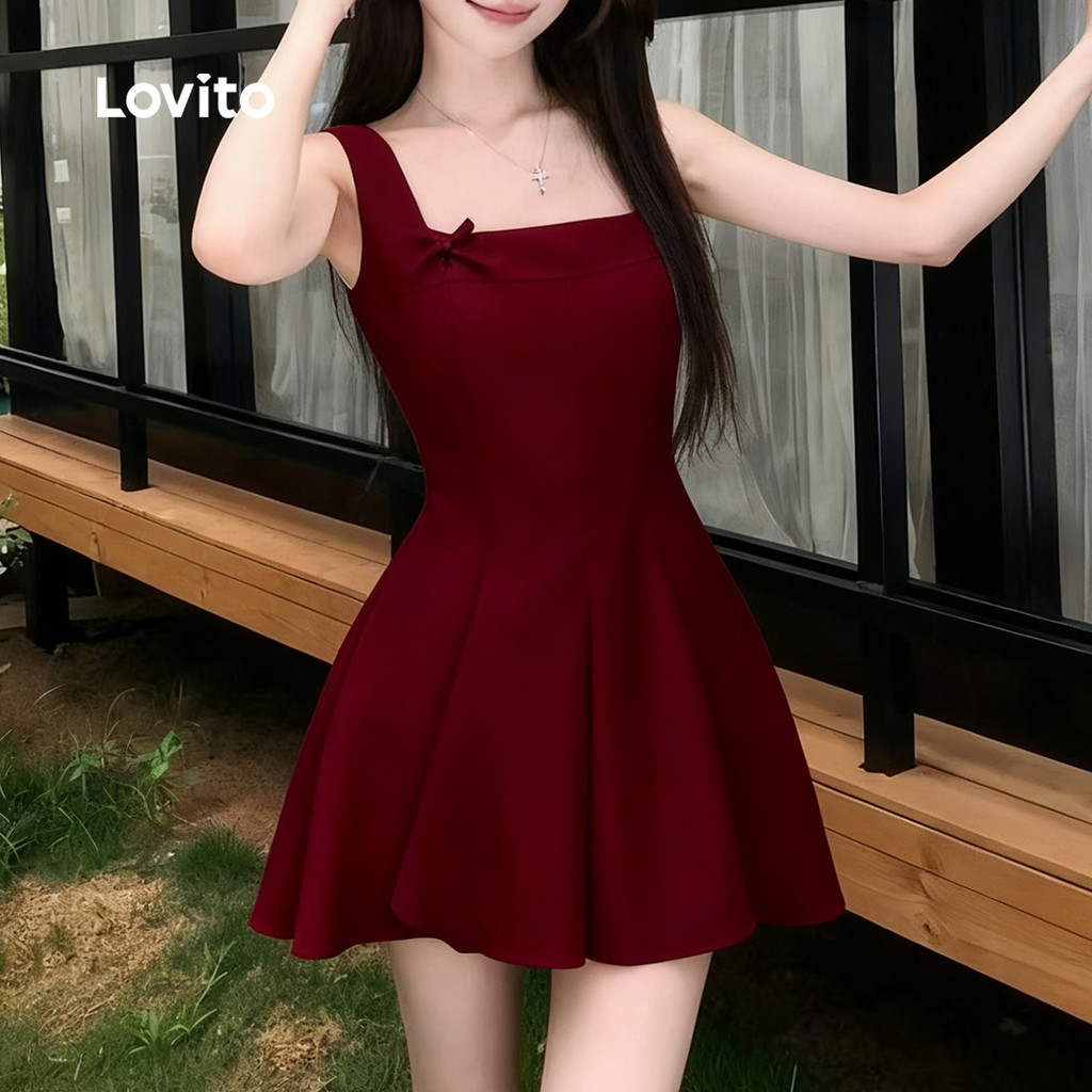 Lovito เดรสสายเดี่ยวผูกโบว์ สีแดง สําหรับผู้หญิง สไตล์ลําลอง ฤดูใบไม้ผลิ ฤดูร้อน L157ED507 - รูปที่ 3