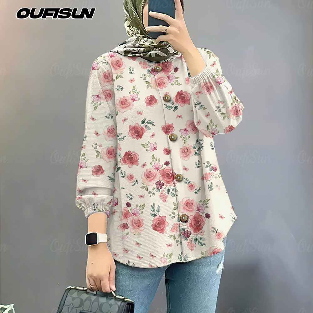 Womens Deepavali เสื้อ 2026 Baju Diwali เสื้อแขนยาวผู้หญิงพัฟแขนดอกไม้รอบคอปุ่มด้านบน