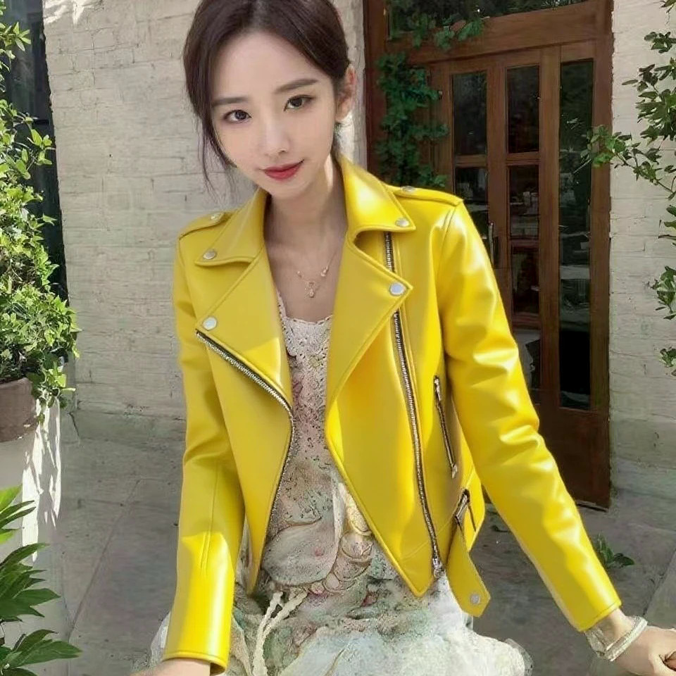แจ็คเก็ตหนังสีชมพูและสีขาบสำหรับฤดูใบไม้ผลิและใบไม้ร่วง สไตล์เกาหลีสำหรับขี่รถจักรยานยนต์ ทรงสแลม핏