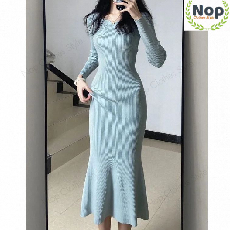 Nop Nop | ชุดเดรสถักหางปลาสีฟ้าผู้หญิงฤดูใบไม้ร่วงฤดูหนาวสลิมฟิตชุดเดรสยาวเอวแคบ OBKB