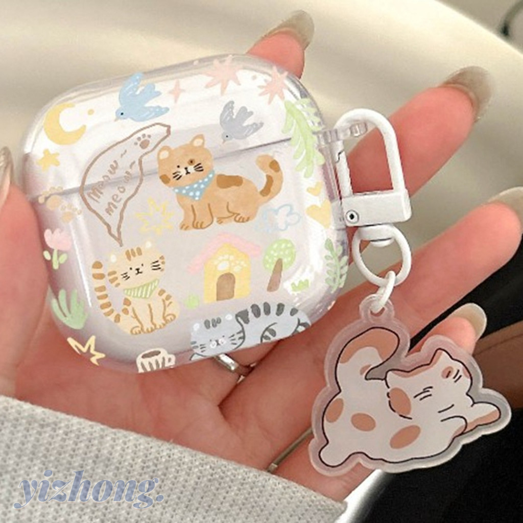 สําหรับ Airpods 4 Pro 3 2 1 น่ารักการ์ตูนแมวลูกแมว Doodle รูปแบบ TPU นุ่มหูฟังบลูทูธพร้อม Anti-lost จี้ชุดหูฟังไร้สาย Earbud Anti-fall ฝาครอบป้องกัน