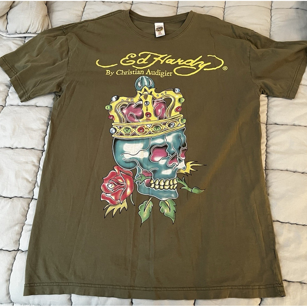 เสื้อยืด Ed Hardy ผ้าฝ้าย 100%, พิมพ์ลายศีรษะกะโหลกแบบ Y2K สีเขียวสไตล์ทหาร, อเนกประสงค์สำหรับทุกเพศ