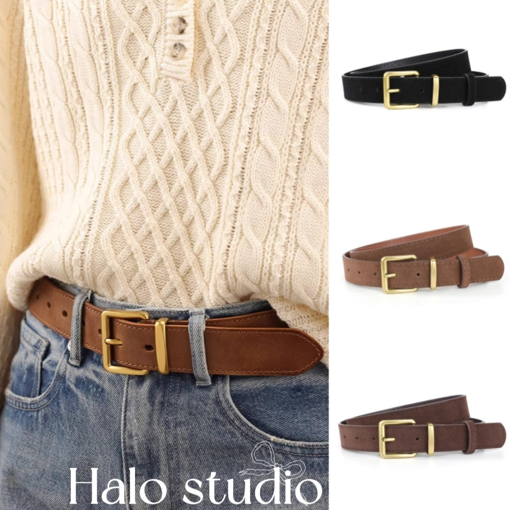 Halo Studio มีในสต็อก 🔥 เข็มขัดสักหลาดสไตล์อเมริกันวินเทจ ดีไซน์กว้าง เหมาะกับหลากหลายสไตล์