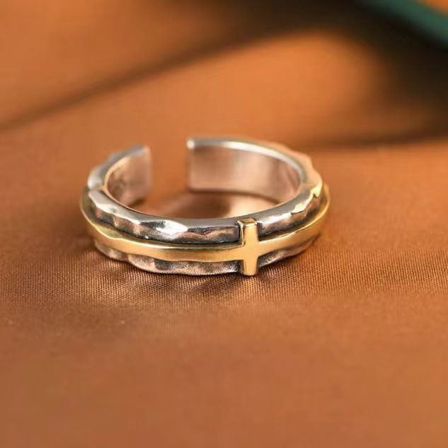 Vintage Old Gold Crossแหวนผู้ชายแคบเปิดปรับแหวนผู้ชายVINTAGE Old Gold Crossแหวนผู้ชายรุ่นแคบFangcao.