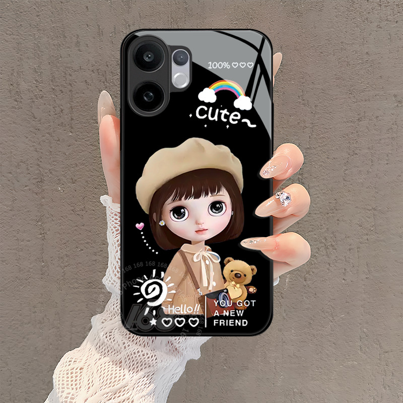 เคส Vivo V60 V50 เคส Vivo V60 Lite เคสลายการ์ตูนน่ารัก สาวโชคดี กันกระแทก ขอบซิลิโคนอ่อนหรูหราพร้อมฝาครอบกระจกแข็งแบบน้ำ สำหรับผู้หญิง