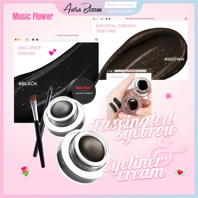 【Music Flower 】Long Wear 6g เจลไลเนอร์+เจลคิ้ว 2IN1 สีน้ำตาลและดำ สูตรกันน้ำ/เหงื่อ 24 ชม#Brown And 