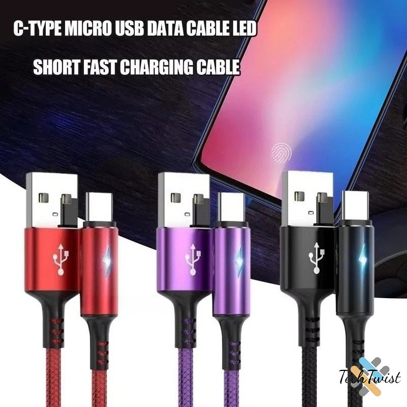 สายชาร์จไนล่อนถัก 1.2 ม. ทนทาน ชาร์จเร็ว สายเคเบิล IOS Android Micro USB/Type c สายเคเบิล LED ชาร์จเร็ว สายเคเบิลข้อมูล