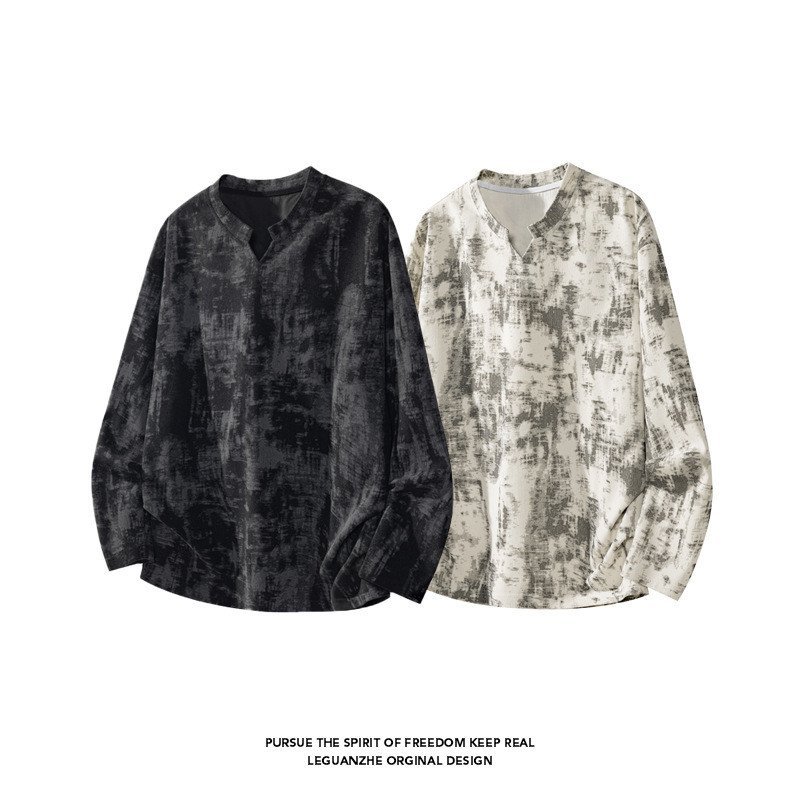 เสื้อยืดคอแขนยาวกิโมโนไทด์ได้ ดีไซน์เฉพาะ niche สำหรับชาย สไตล์เรโทร