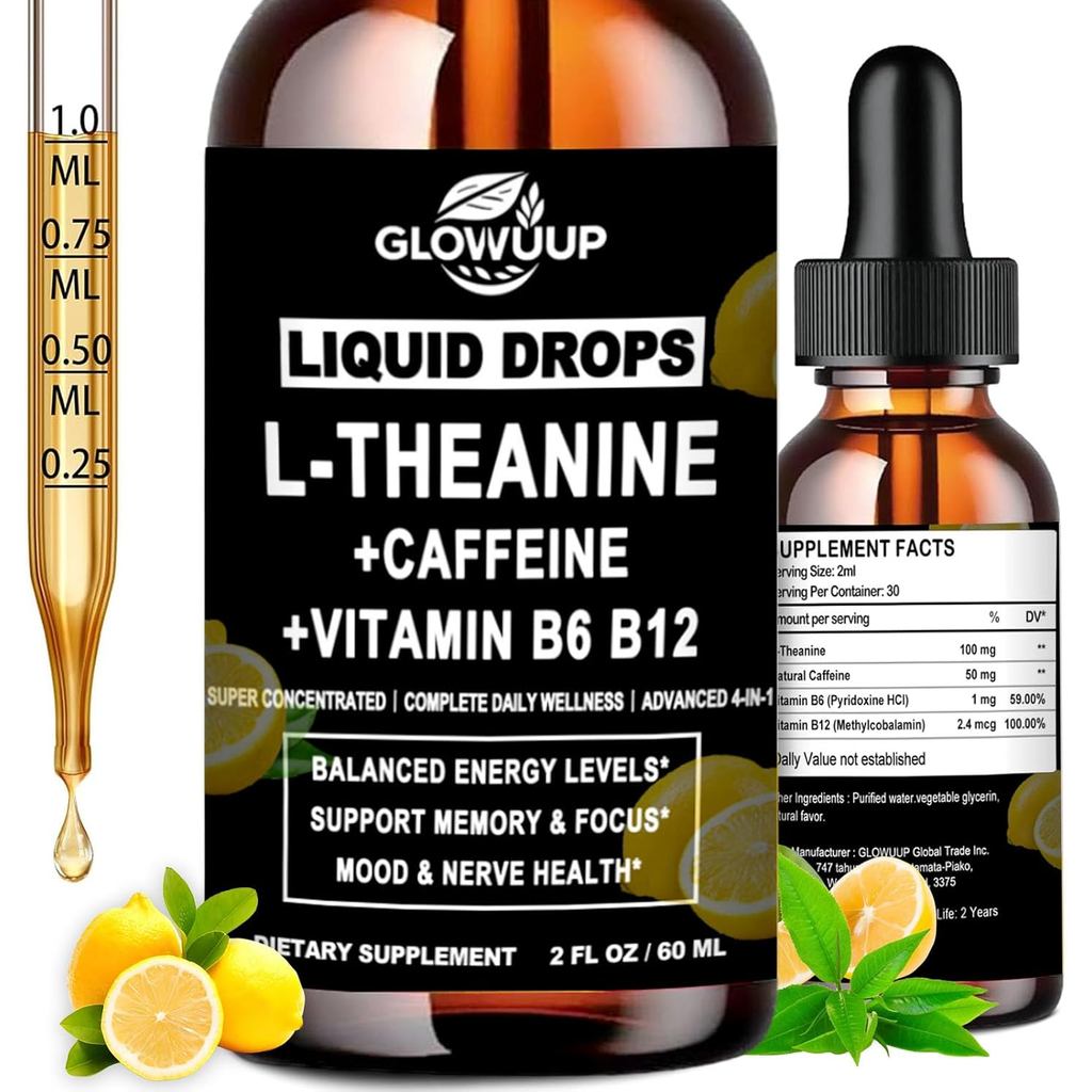 L Theanine Caffeine Liquid Drops สําหรับผู้หญิงและผู้ชาย Energy Caffeine w. L-Theanine 100mg วิตามิน