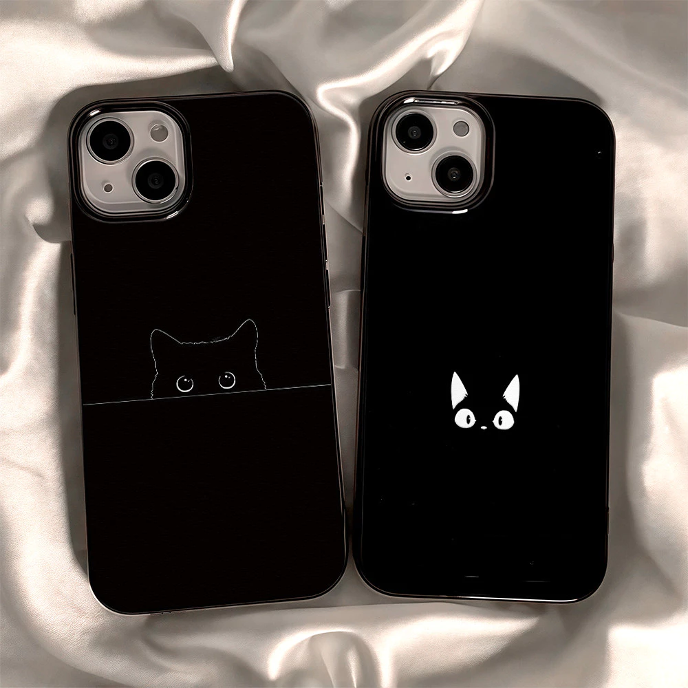 เคสโทรศัพท์กันกระแทกสีดำเงาสไตล์แมวดำสุดเก๋ For iPhone 16 15 14 13 12 11 Pro Max 14 15 16 Plus Xr Xs Max 7 8 Plus SE2020