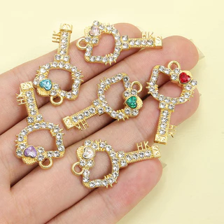 10pcs Sparkling Rhinestone Inlay KT Cat Avatar กรอบ Key Shape Charms น่ารักสร้อยคอต่างหูพวงกุญแจเข็มกลัด DIY Hollow Love Heart โบว์ลูกแมวหัวจี้,สาวหวานอุปกรณ์เสริม