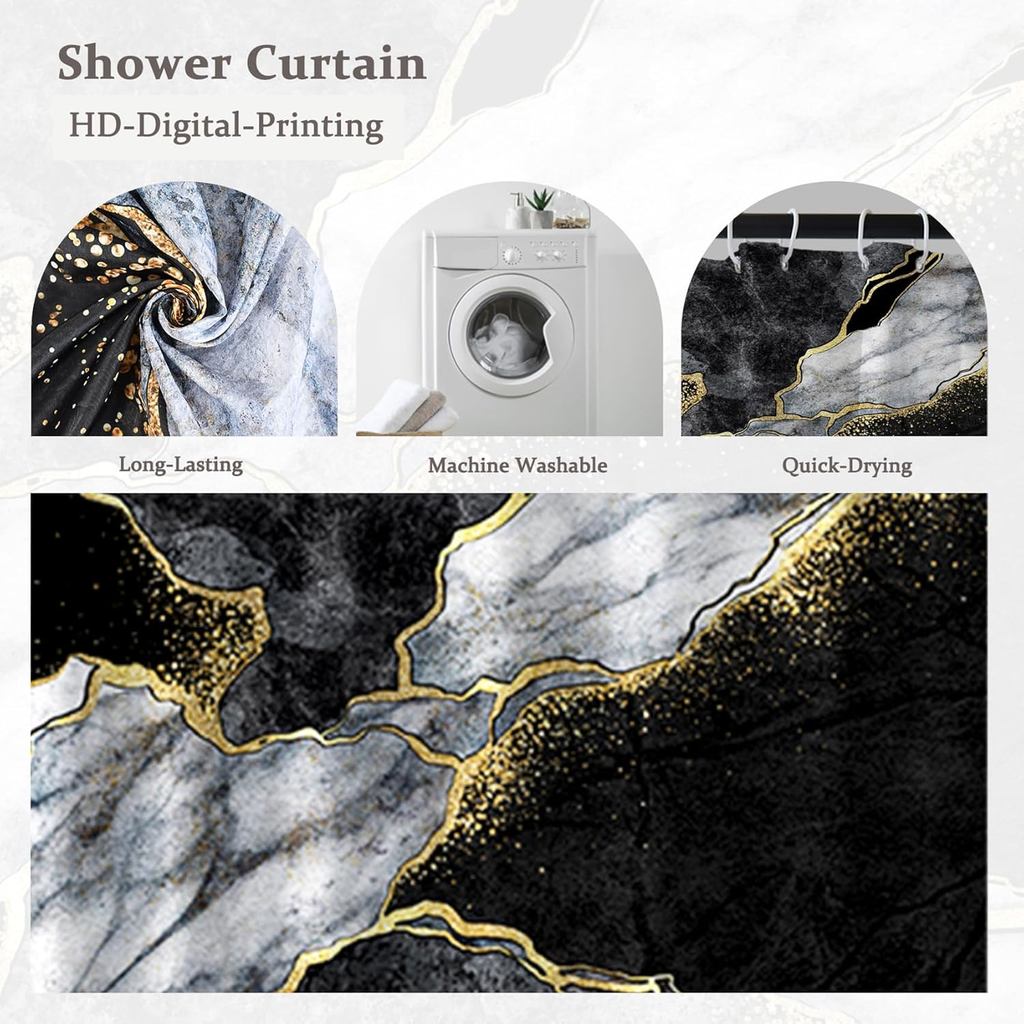 Gold Black Marble Shower Curtain, Black Grey Luxury Modern Abstract Shower Curtain Set for Bathroom,